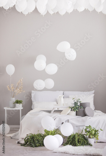 White balloons under the ceiling of grey scandinavian bedroom with double bed and green plants in pots, real photo with copy space on the grey wall © Photographee.eu