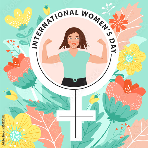 8 march, International Women's Day, girl power greeting card. Female symbol with strong woman decorated with flowers. Vector illustration.