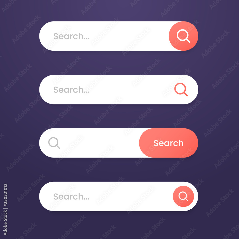 Set of modern search bar with rounded corners and shadows in flat material style. Search button design with magnifier icon. Element of interface for web page or mobile application. Vector eps 10. Set of modern search bar with rounded corners and shadows in flat material style. Search button design with magnifier icon. Element of interface for web page or mobile application. Vector eps 10.