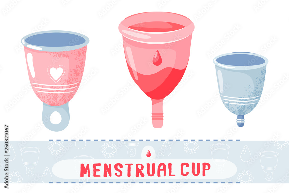 Feminine hygiene. Set of different menstrual cups. Protection for woman critical days. Vector illustration on white background. Feminine hygiene. Set of different menstrual cups. Protection for woman critical days. Vector illustration on white background.