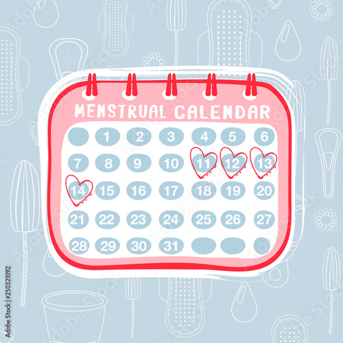 Feminine hygiene composition with menstrual calendar and outline background. Menstruation concept. Vector illustration.