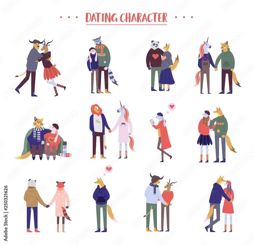 Fototapeta premium Flat cartoon happy romantic couples walking together on white background. Standing single lonely girl or pairs of men and women on date. Modern colorful vector illustration.
