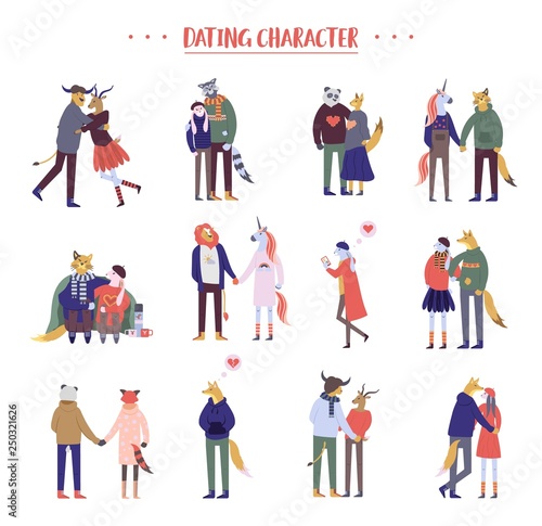 Flat cartoon happy romantic couples walking together on white background. Standing single lonely girl or pairs of men and women on date. Modern colorful vector illustration.