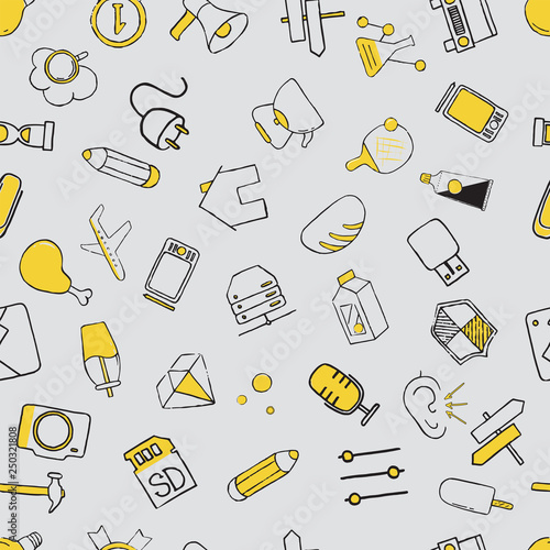 Set of diverse technological items and equipment doodle icons. Seamless pattern. Vector illustration