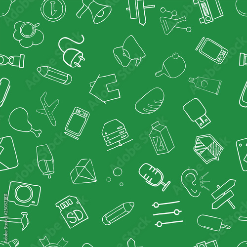 Set of diverse technological items and equipment doodle icons. Seamless pattern. Vector illustration