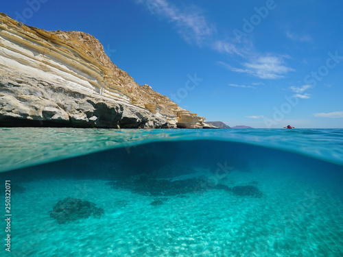 Mediterranean sea rocky coast with sandy seabed underwater, Spain, Las Negras, Almeria, Andalusia, split view half over and under water