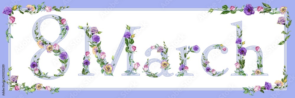 8 March greeting card. Sign 8 March decorated with beautiful rose and eustoma flowers in lilac floral frame. Illustration for international women's day. 8 March greeting card. Sign 8 March decorated with beautiful rose and eustoma flowers in lilac floral frame. Illustration for international women's day.
