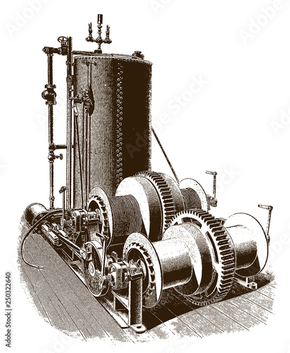 Historical double-cylinder quadruple friction drum hoisting engine after an etching or engraving from the 19th century