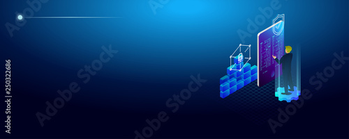 Isometric cyber security concept. Cyber security and privacy. Traffic Encryption, VPN, Privacy Protection Antivirus. Vector illustration