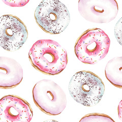Wandcirkels Aquarel prints patronen Donuts seamless pattern. Watercolor doughnuts.  © BloomPix