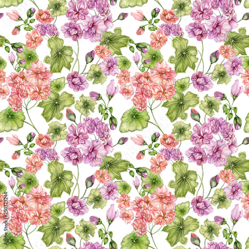 Beautiful floral background with pelargonium flowers and leaves. Seamless bot...