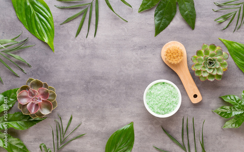 Spa background with hand made bio cosmetic and  cactus composition, flat lay, space for a text - Image.
