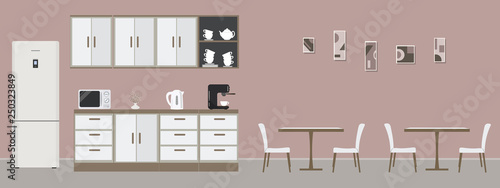 Pink office kitchen. Dining room in office. There are kitchen cabinets, a fridge, two tables, chairs, microwave, kettle and coffee machine in the image. There are abstract pictures on the wall. Vector