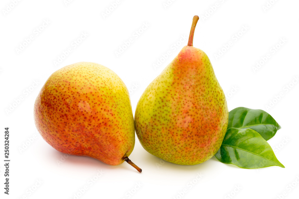 Fresh bio pear with leaves on isolated white background. Fresh bio pear with leaves on isolated white background.