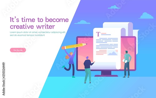 copywriter, copywriting  vector illustration concept, freelance blogger writing on blank paper and work with laptop and pencil, can use for, landing page, template, ui, web, homepage, poster, banner,