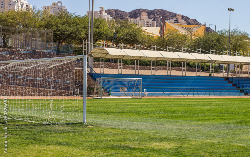 Fototapeta premium football field and gates front side with empty tribunes background