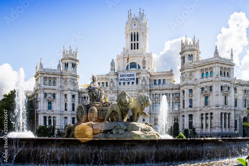 Cybele Fountain and City Council of Madrid welcoming refugees photo