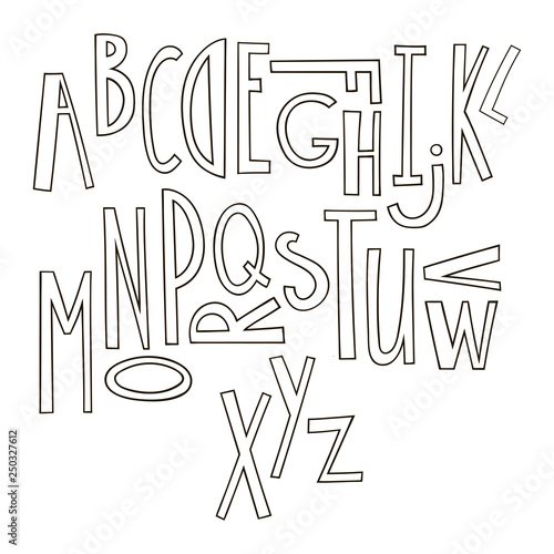 Black and white hand drawn graphic font. Vector cartoon alphabet.