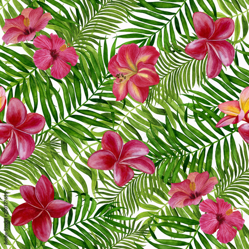 Tropical leaves watercolor hand painted. Seamless pattern with tropical leaves for fabric, wallpaper, wrapping paper, etc. © Nadezhda St.