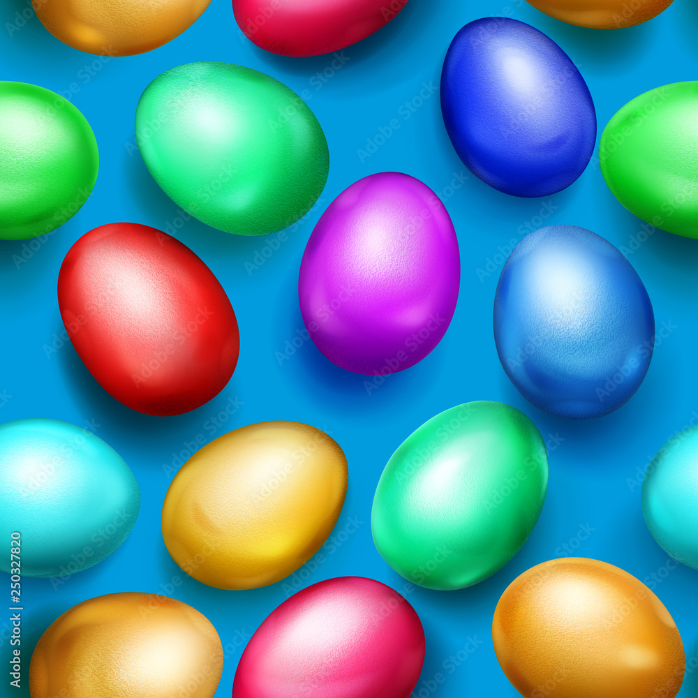 Seamless pattern of realistic colored Easter eggs with shadows on light blue background