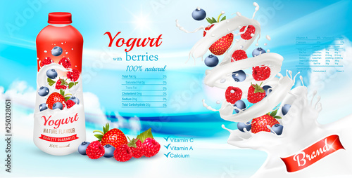 White yogurt with fresh berries in bottle. Advertisment design template. Vector
