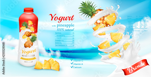 White yogurt with pineapple in bottle. Advertisment design template. Vector