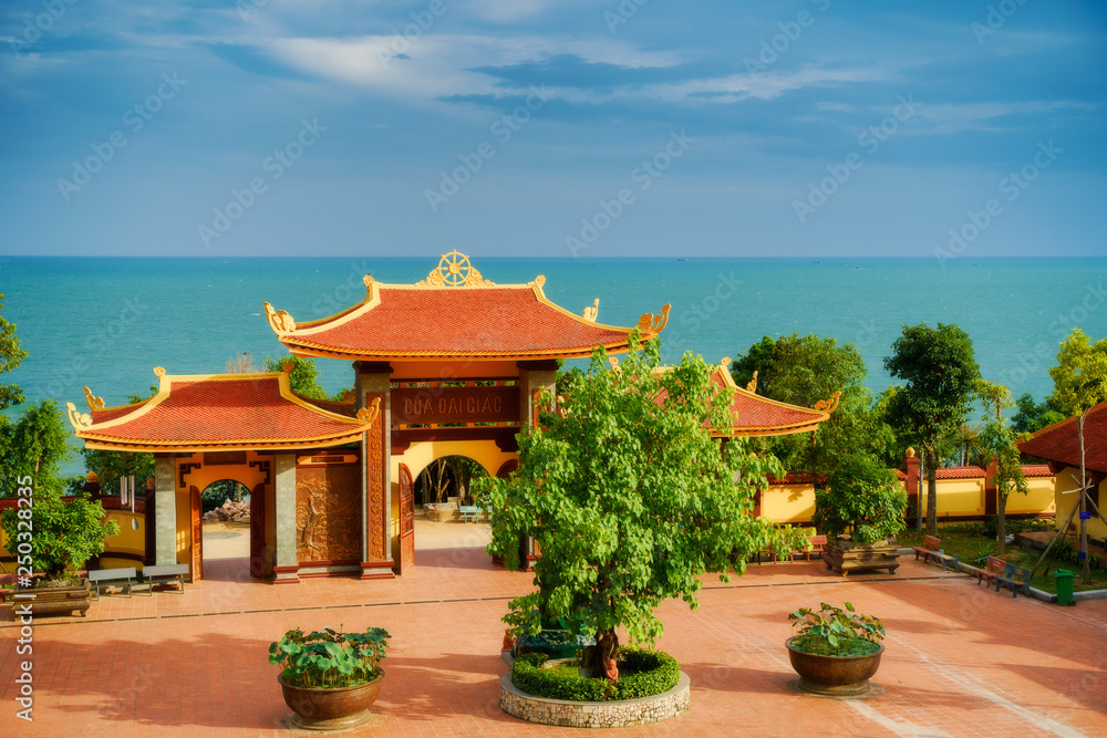 Vietnam travel. Ho Quoc Pagoda at Phu Quoc Island. Beautiful Famous landmark buddhism temple