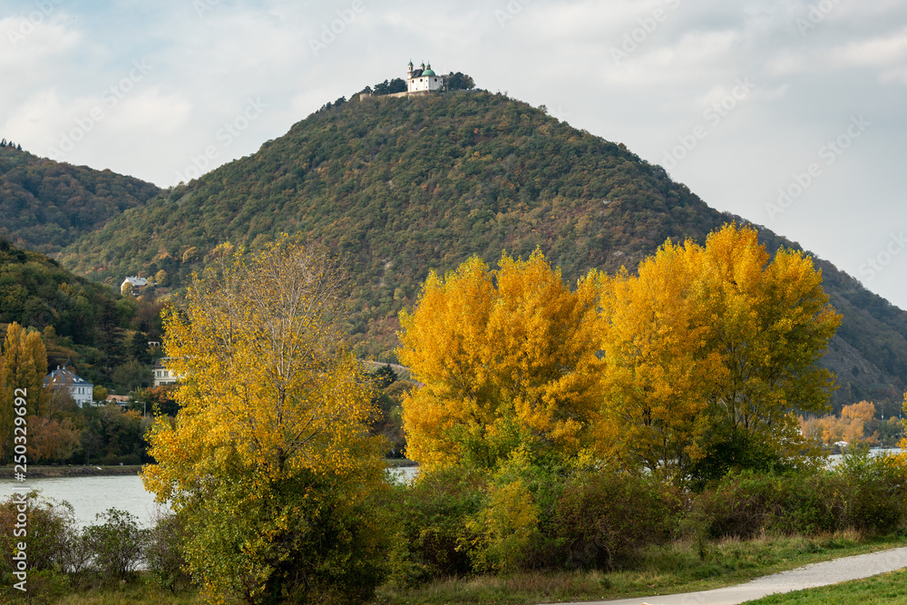 River Danube and Leopoldsberg on a cloudy day in autumn