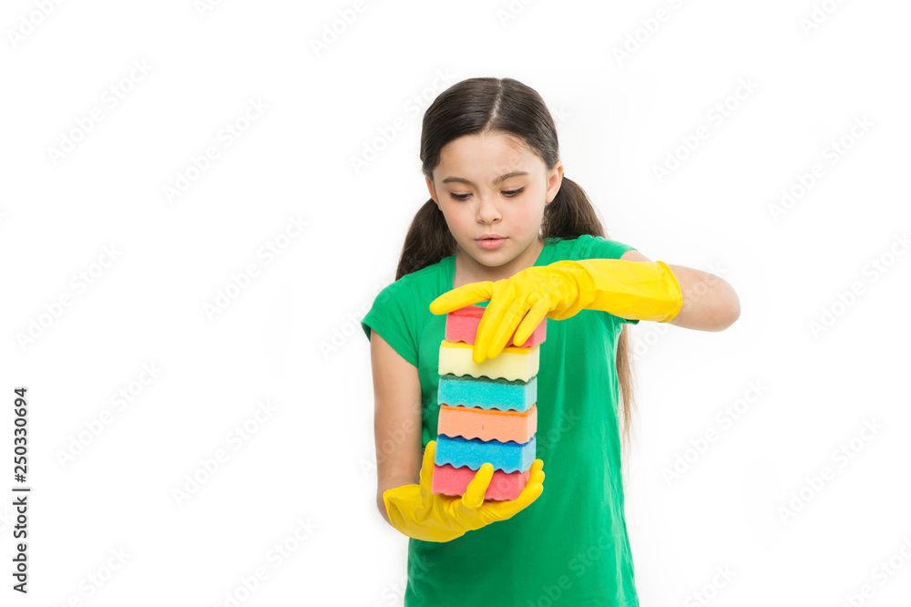 Housekeeping duties. Wash dishes. Cleaning with sponge. Cleaning supplies. Girl in rubber gloves for cleaning hold many colorful sponges white background. Help clean up. Cleaning could be fun Housekeeping duties. Wash dishes. Cleaning with sponge. Cleaning supplies. Girl in rubber gloves for cleaning hold many colorful sponges white background. Help clean up. Cleaning could be fun