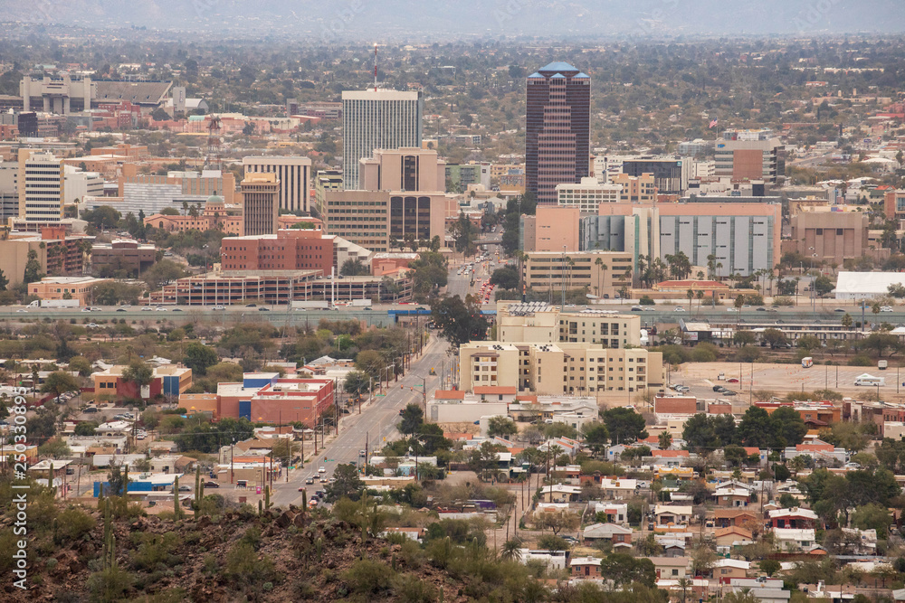 Overhead view of downtown Tucson business district, the only tall buildings in the sprawling desert city