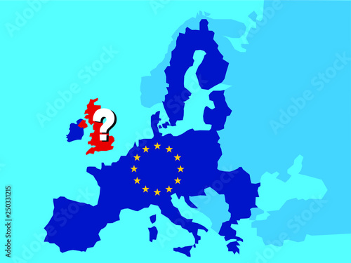Brexit referendum UK concept - United Kingdom, Great Britain or England leaving EU with UK as a flag and EU stars on map of europe with big question mark on England - vector illustration