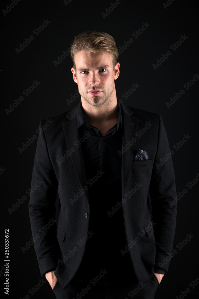 Casually handsome. Man handsome well groomed macho on black background. Feeling confident. Male beauty and masculinity. Guy attractive confident model. Confident in his style. Man in dark clothes