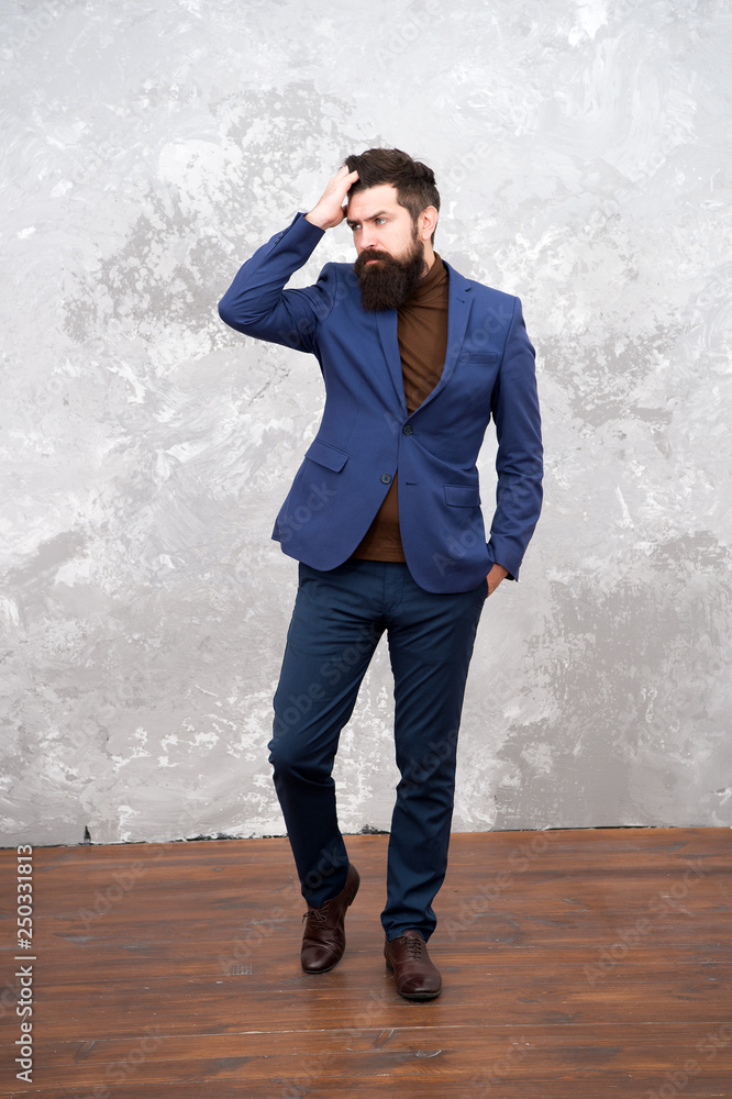 Elegancy and male style. Businessman or host fashionable outfit grey  background. Fashion concept. Classy style. Man bearded hipster wear classic  suit outfit. Formal outfit. Take good care of suit Photos