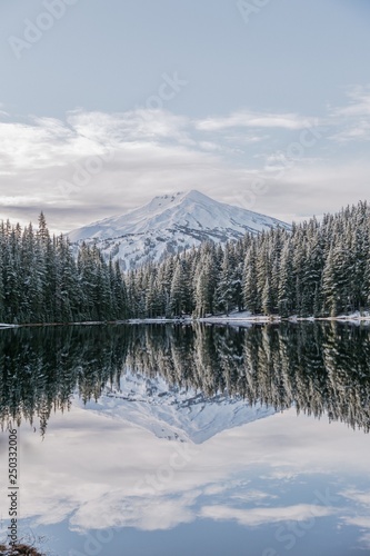 Canvas Print winter landscape with lake and mountains