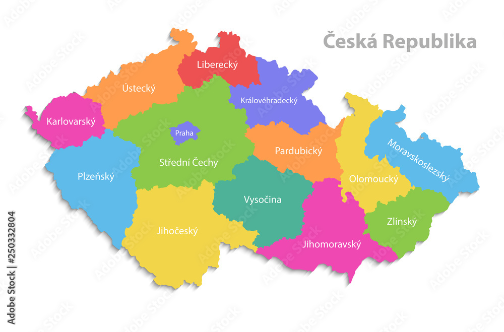Czech Republic map, new political detailed map, separate individual regions, with state names, isolated on white background 3D vector