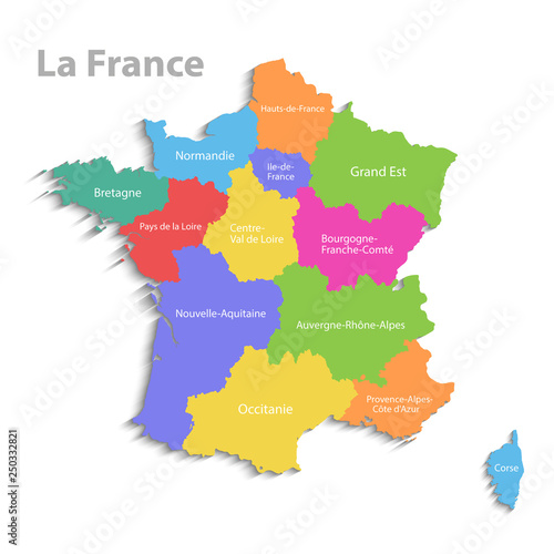 France map  new political detailed map  separate individual regions  with state names  isolated on white background 3D vector