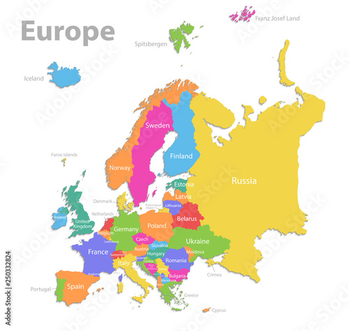 Europe map, new political detailed map, separate individual states, with state names, isolated on white background 3D vector