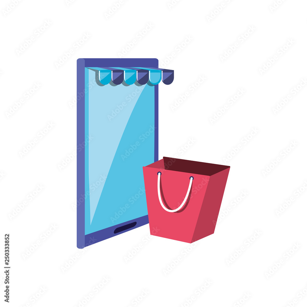 smartphone device with bag shopping and store parasol smartphone device with bag shopping and store parasol
