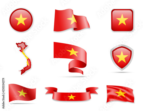 Vietnam flags collection. Flags and outline of the country vector illustration set