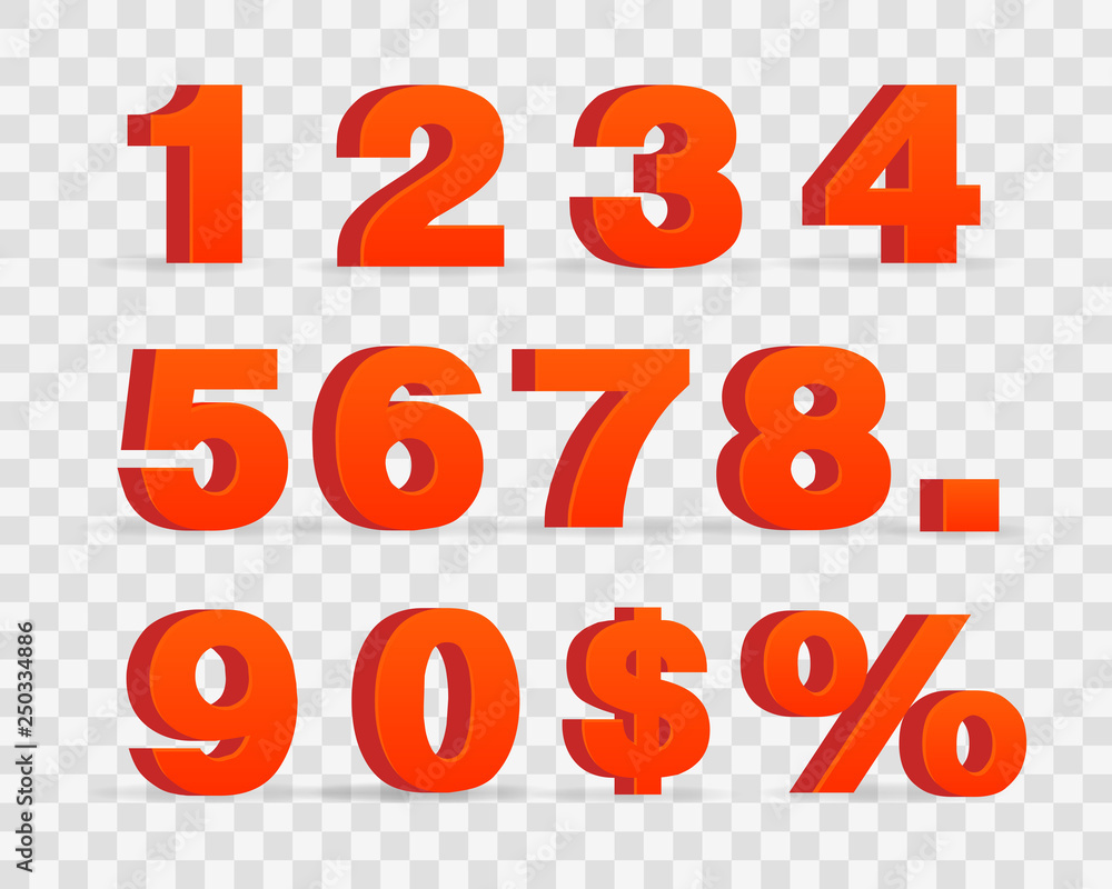 3D Red Metallic Letter. 0, 1, 2, 3, 4, 5, 6, 7, 8, 9 numeral alphabet. Vector Isolated Number 3D Red Metallic Letter. 0, 1, 2, 3, 4, 5, 6, 7, 8, 9 numeral alphabet. Vector Isolated Number