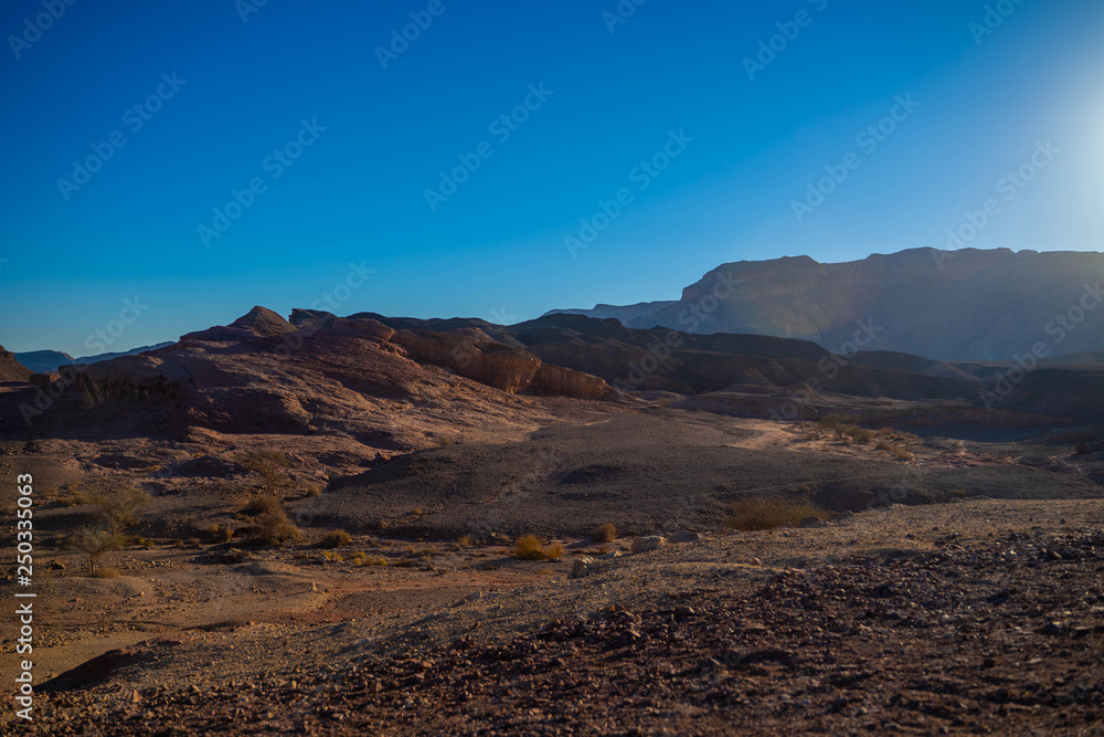 Solitary desert rocks under the blue sky in Timna park near Eilat Israel