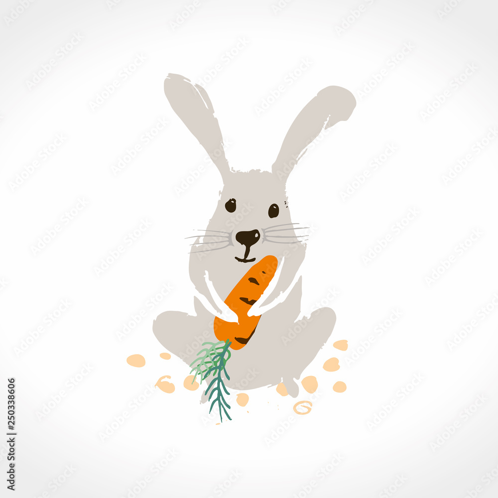 Funny hare with a carrot. Hand draw doodle vector illustration. Funny hare with a carrot. Hand draw doodle vector illustration.