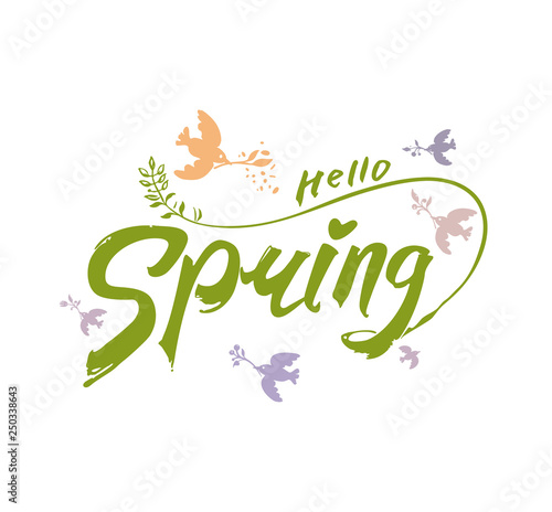 Canvas Print Beautiful vintage hand drawn inscription Hello Spring and colorful birds fly