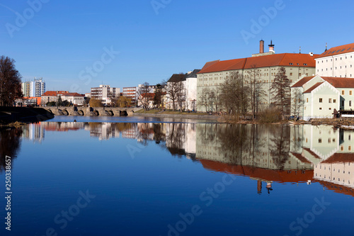 Sunny winter royal medieval Town Pisek above the river Otava, Czech Republic 