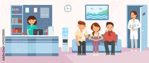 Patients in Hospital Reception Flat Illustration