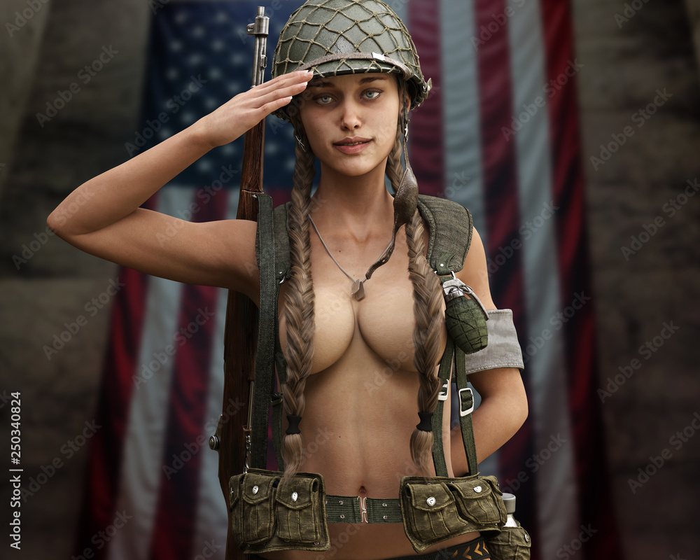 Motivational portrait of a sexual topless pin up female semi nude proudly saluting American troops