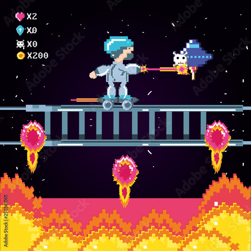 classic video game scene with warrior and flame