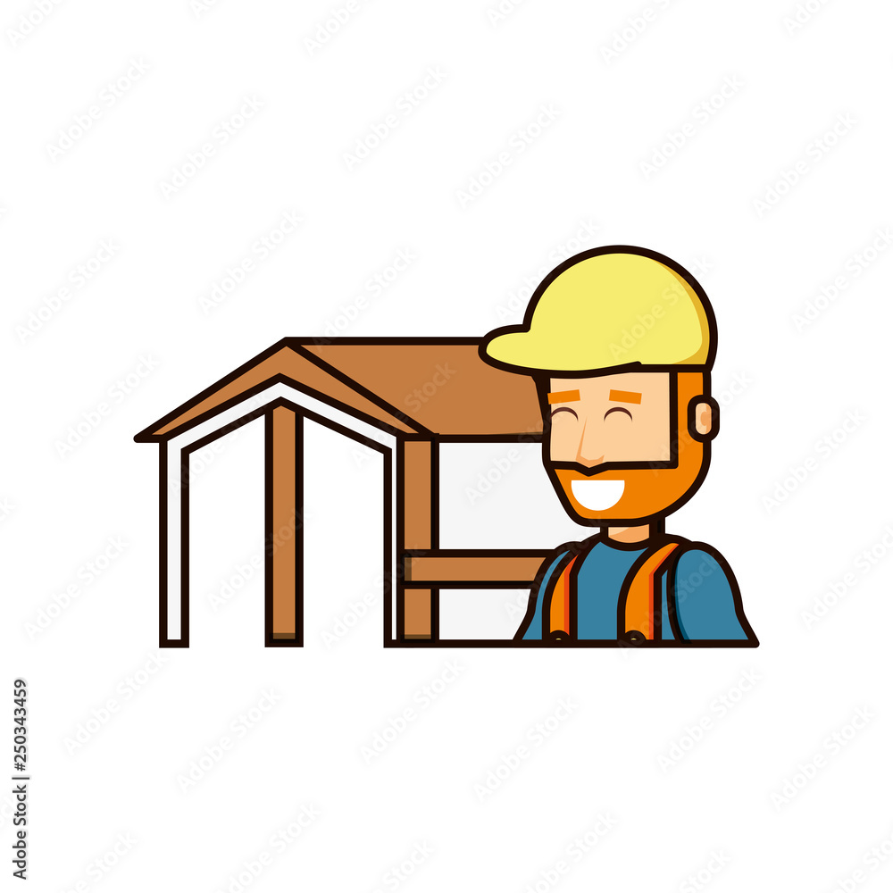 construction worker with wooden house structure construction worker with wooden house structure