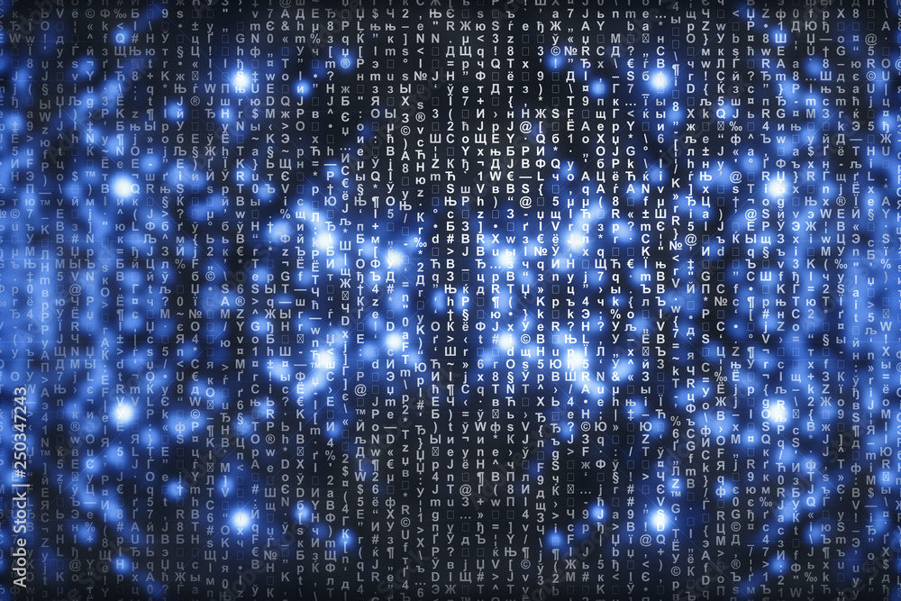 Matrix on blue digital background. Characters fall down. Stream of symbols. Shiny virtual reality with copy space. Sparkle backdrop. Complex algorithm. Falling letters and numbers. Hacking computer.