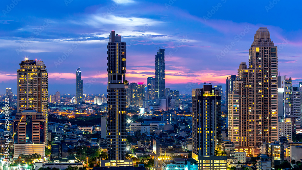 Bangkok City - Aerial view  beautiful sunset  Bangkok city downtown skyline of Thailand , cityscape at night  , landscape Bangkok Thailand